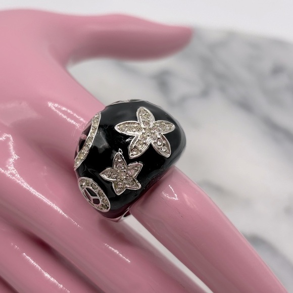 Chunky Black Enamel & Silver Tone Crystal Ring with Design - Picture 3 of 12